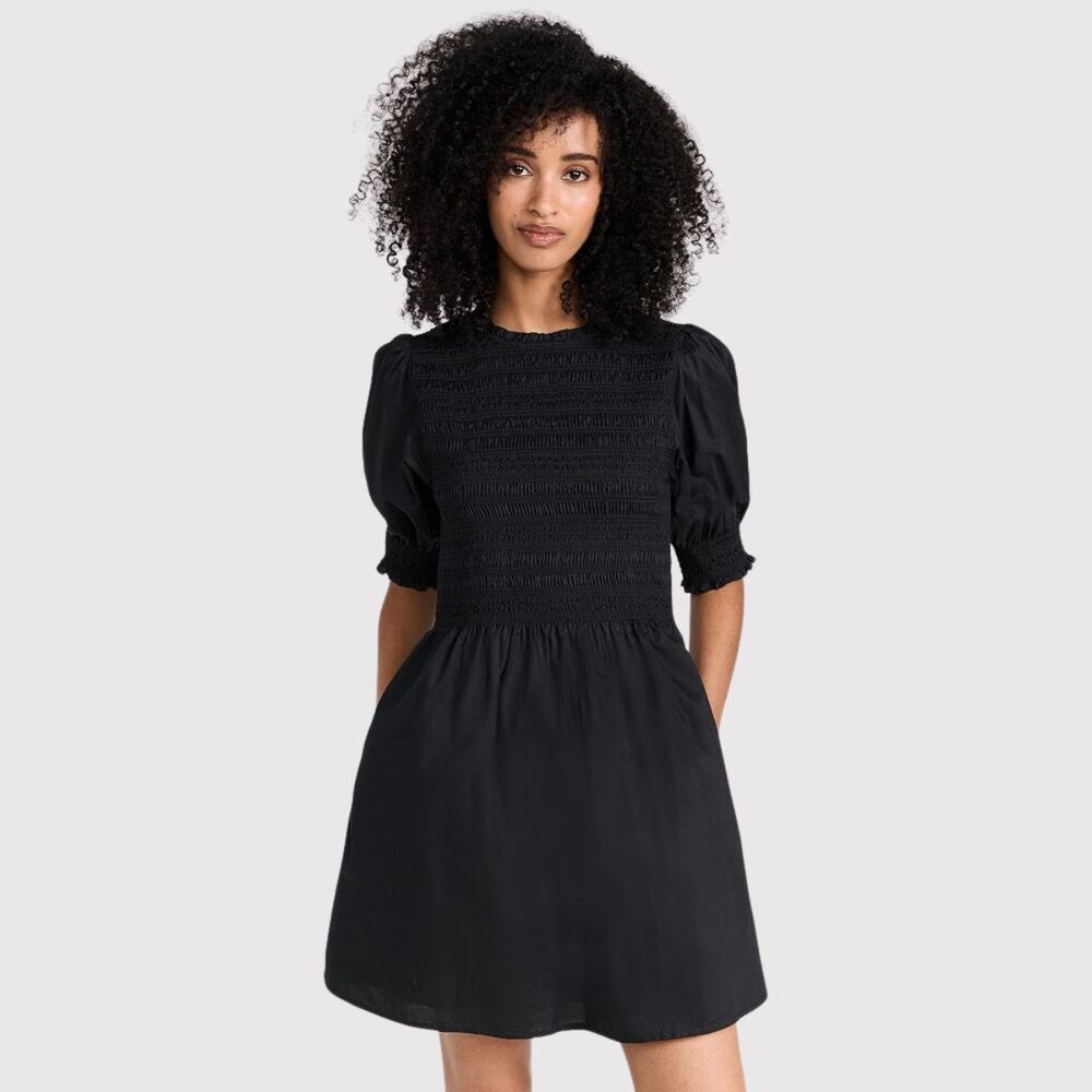 NWT Hill House Home Mini Dress Black The Vivi Nap Poplin Smocked Puff Sleeve XS